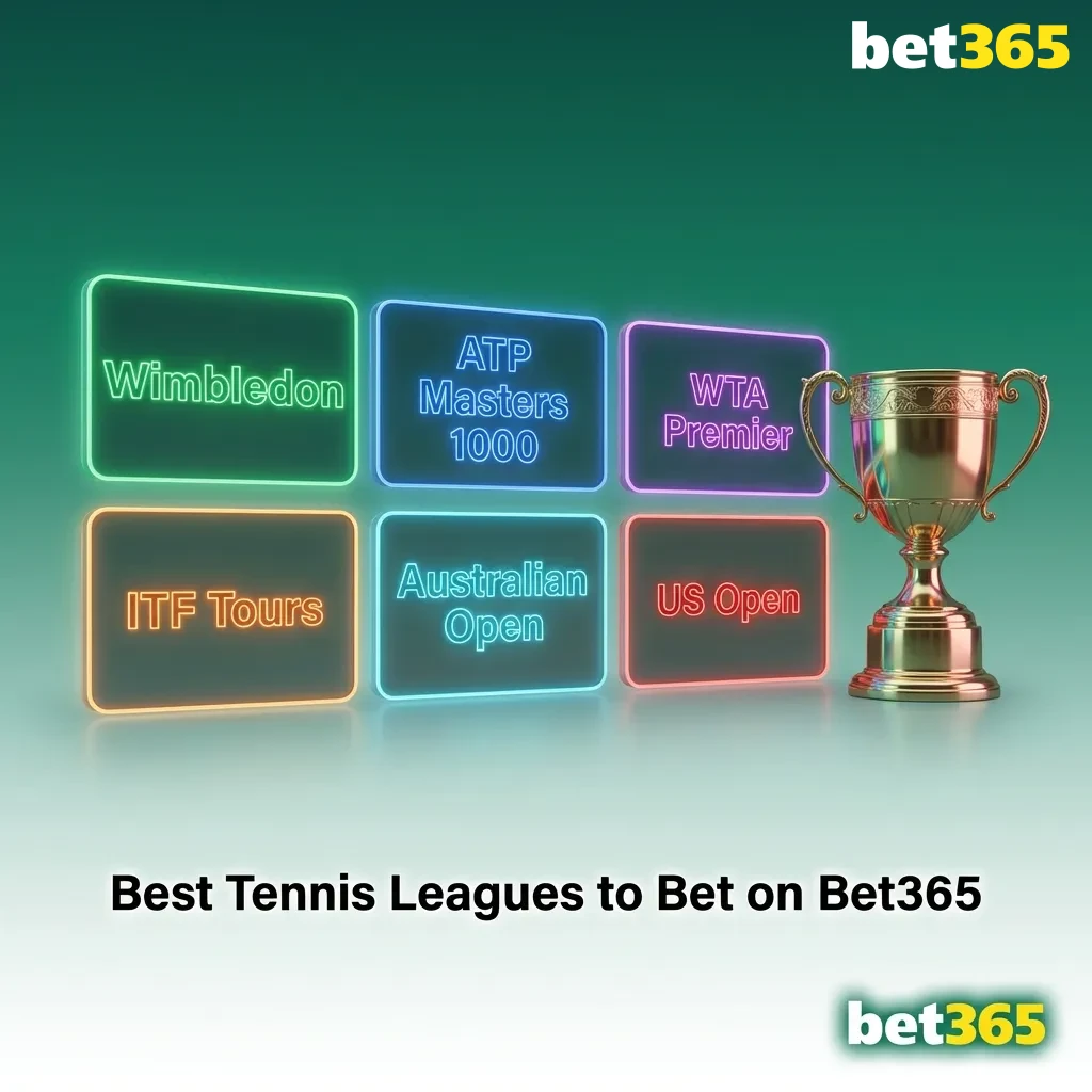 Graphic titled “Best Tennis Leagues to Bet on Bet365” with icons for Grand Slams, ATP, WTA, Challengers, ITF and team cups