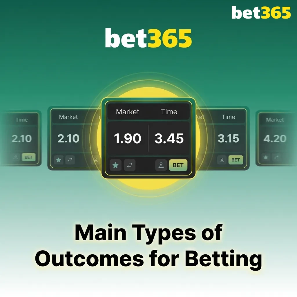 Infographic titled “Main Types of Outcomes for Betting” summarizing 1X2, totals, handicap, BTTS, and player props.