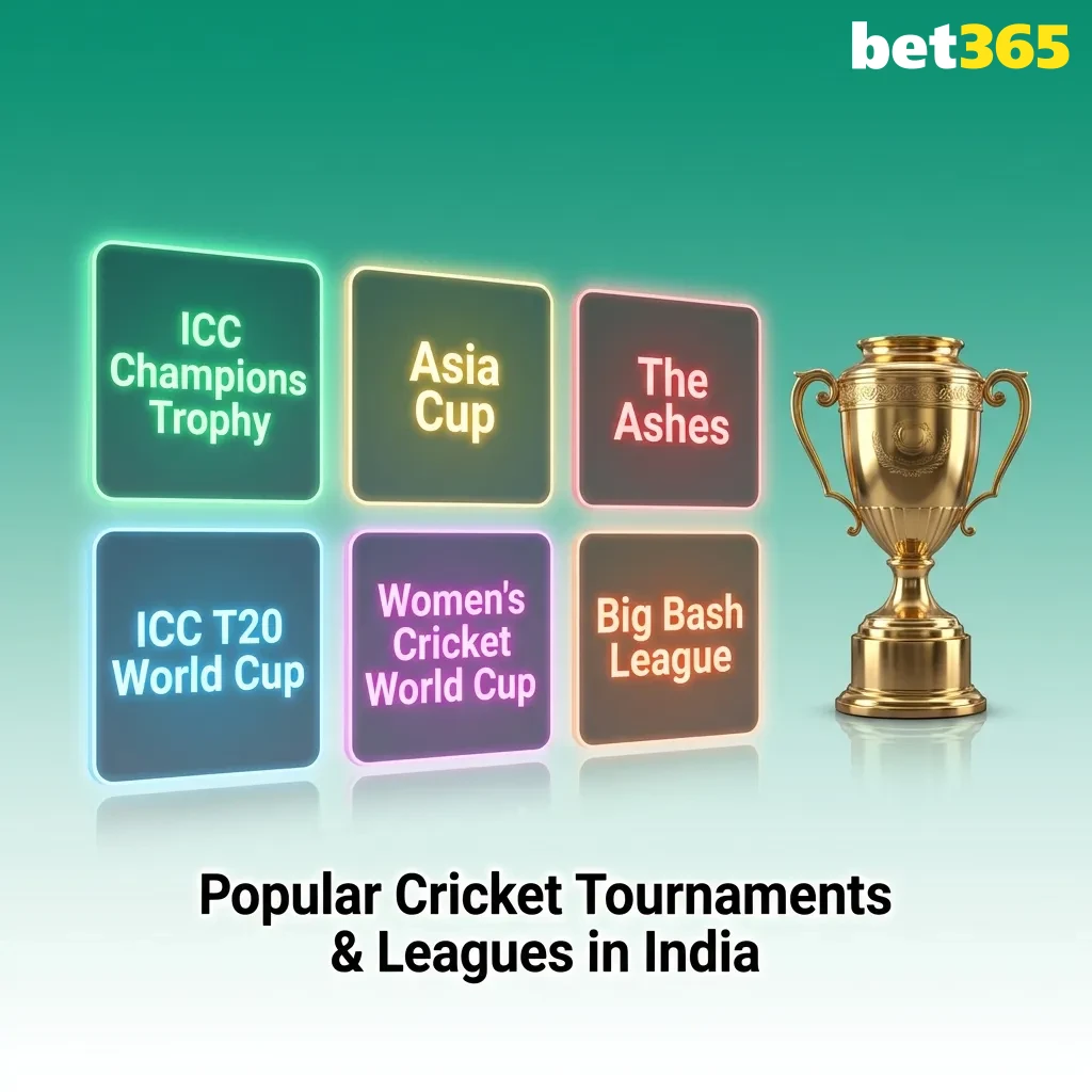 Infographic titled “Popular Cricket Tournaments & Leagues in India” showing major events and betting markets on a betting site