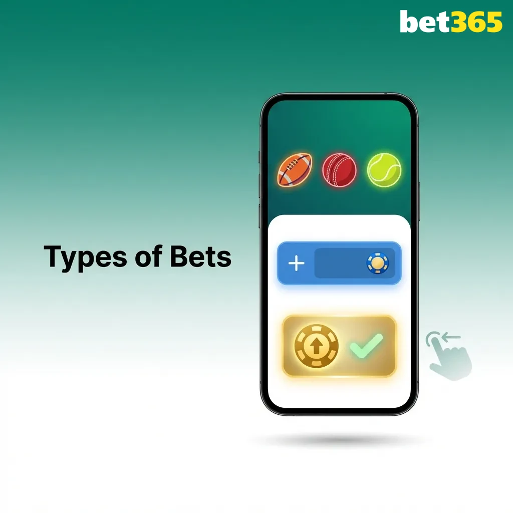 Illustrated guide showing single, system, and parlay bets with brief descriptions on a Bet365 India betting page