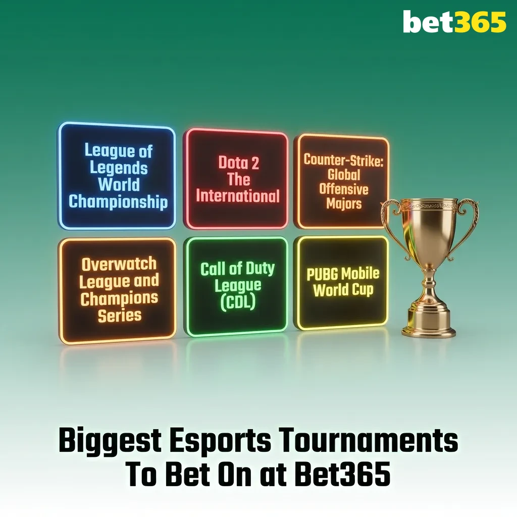 Table showing major esports tournaments for Dota 2, CS2, LoL, Valorant, Mobile Legends, StarCraft II, and King of Glory at Bet365