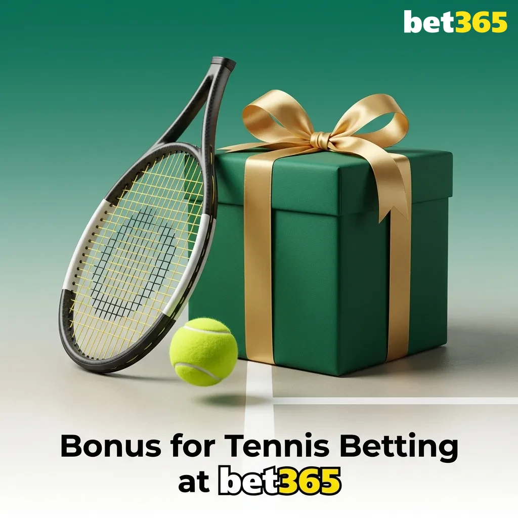 Tennis betting bonus promotion at Bet365 with racquet, tennis ball, and highlighted welcome offer terms for new users
