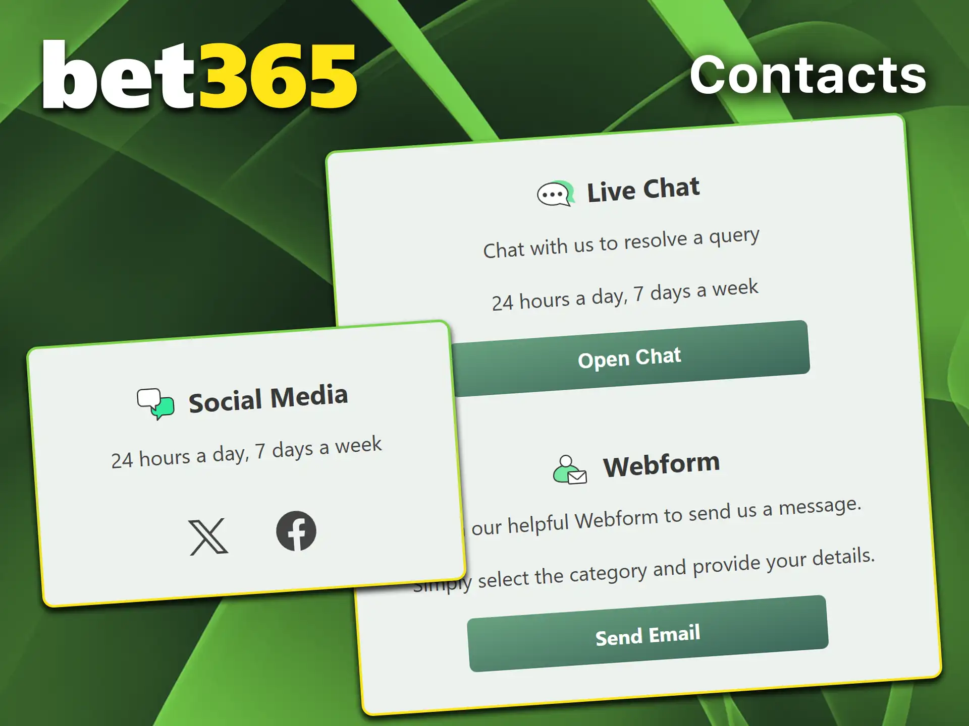 Reach technical assistance 24/7 via contacts and customer support at Bet365.