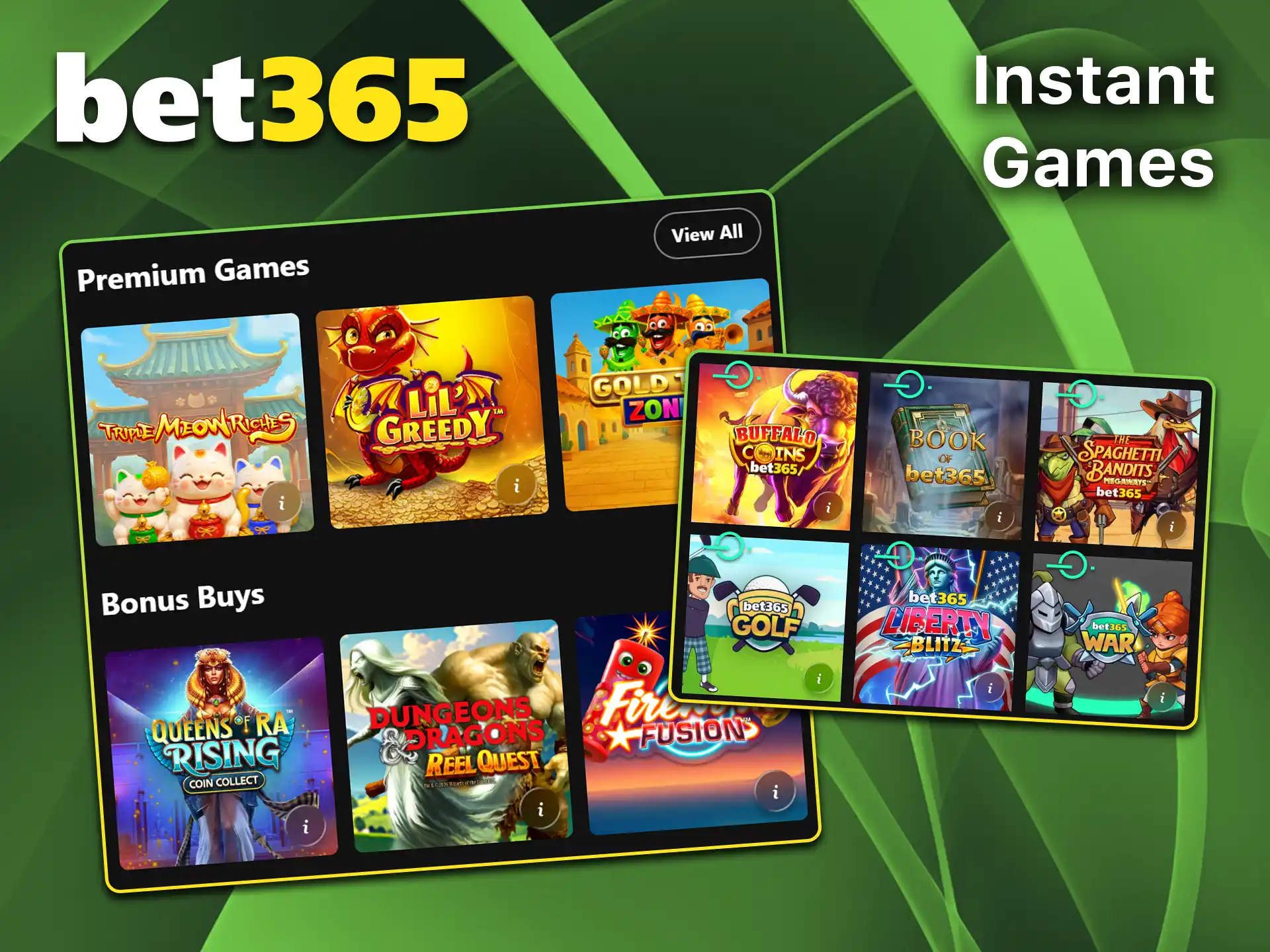 Enjoy fast rounds and quick wins with Bet365 instant games.