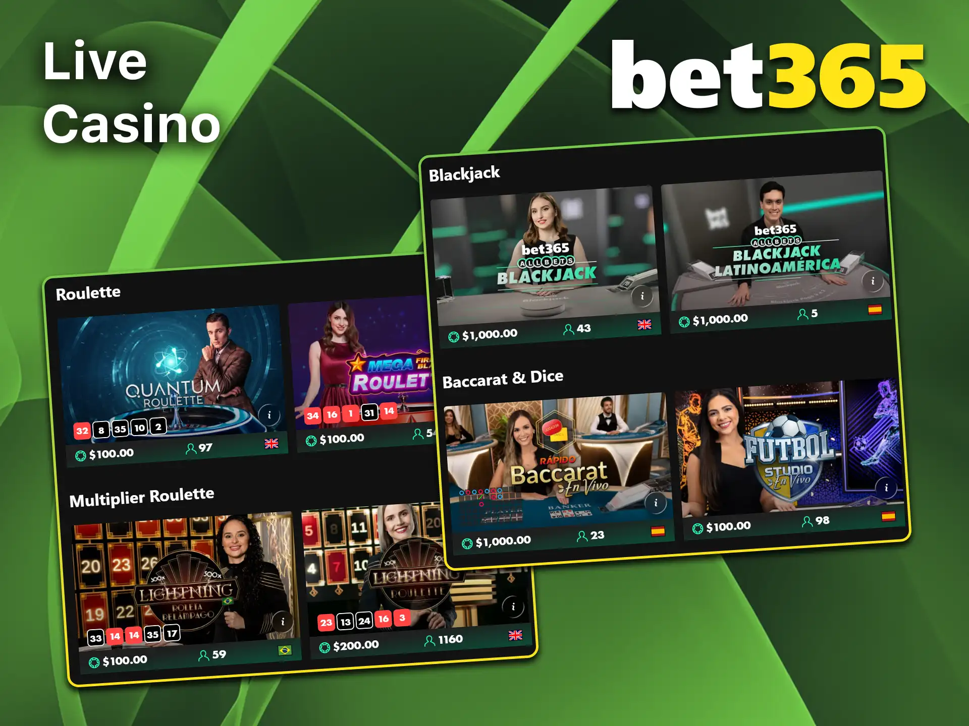 Play with real live dealers in the Bet365 live casino.