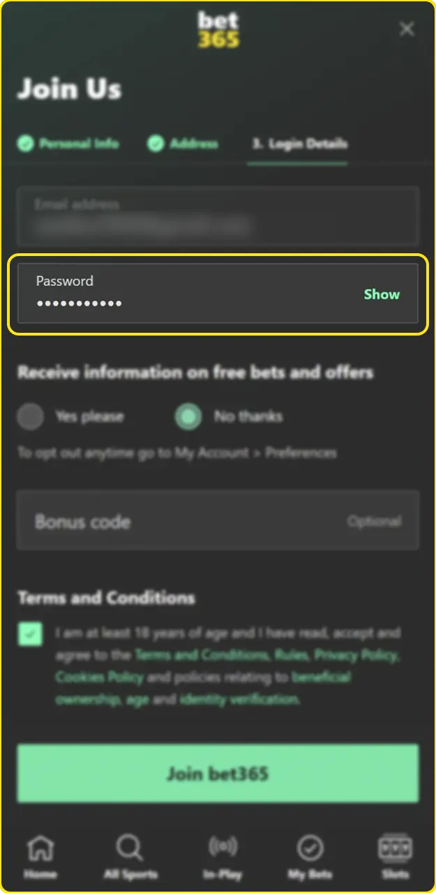 Set a strong password and complete your registration on Bet365.