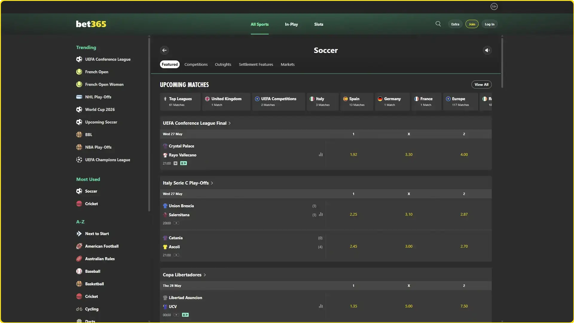Place your sports bets at Bet365.
