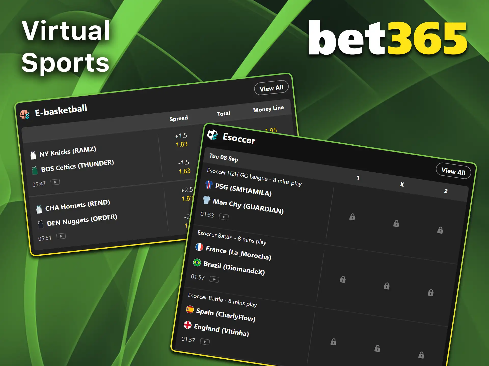 Bet on 24/7 simulated matches in virtual sports on Bet365.
